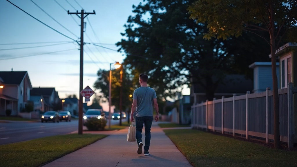Evening walk home through a quiet neighborhood