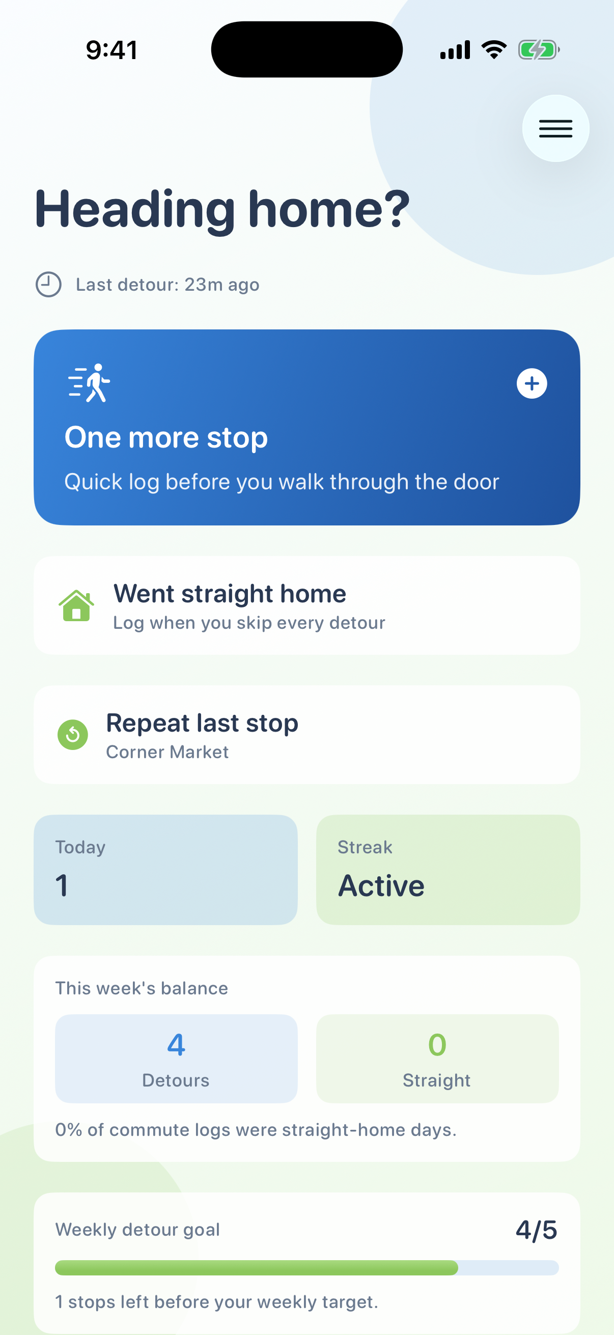 Today home screen with detour logging